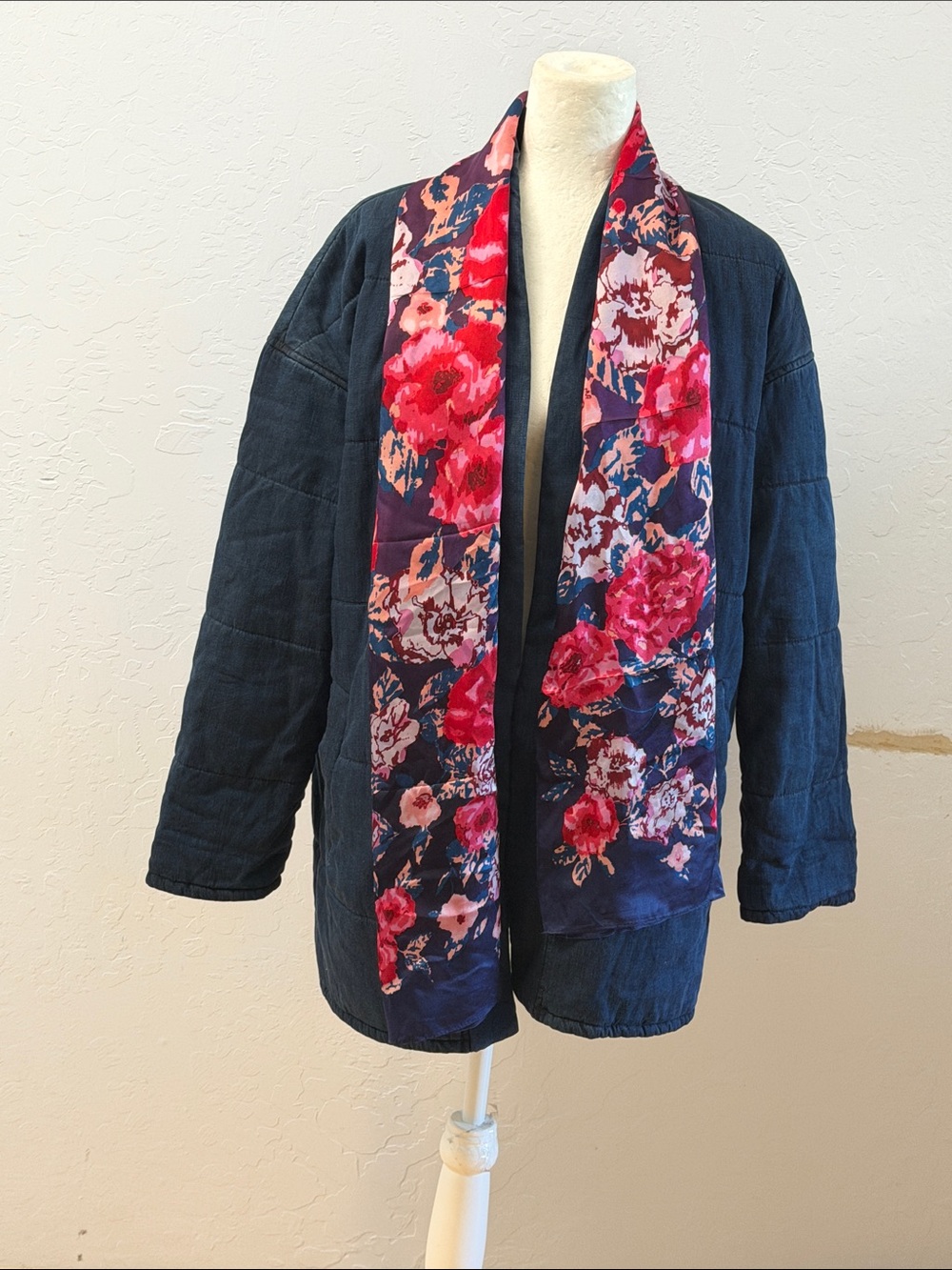 Eileen Fisher Navy Pea Coat with Floral Scarf Accents - Navy & Pink
